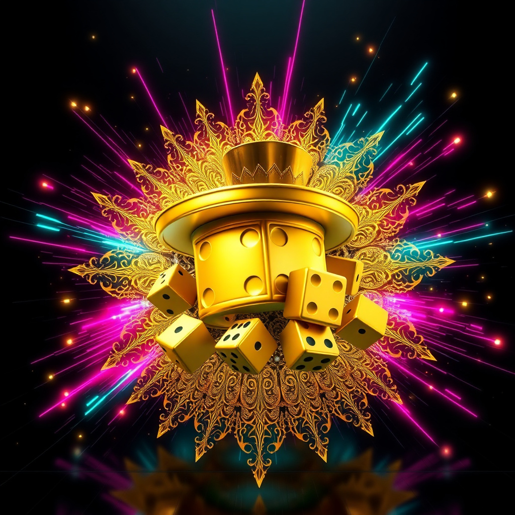 Dynamic 3D explosion of Monopoly game elements: a golden top hat, dice, and hotel pieces mixed with intricate traditional Indian mandala patterns in gold and silk, vibrant pink and teal neon energy trails, dark charcoal reflective background, high-tech ga